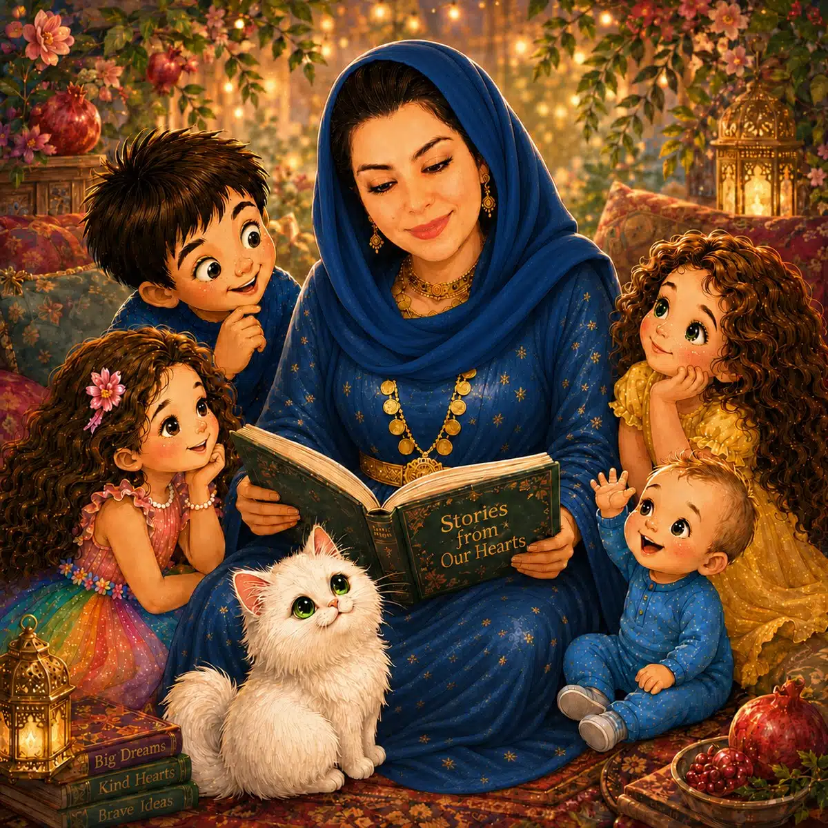 Shna Jawhar reading with Pomegranate Tales story characters