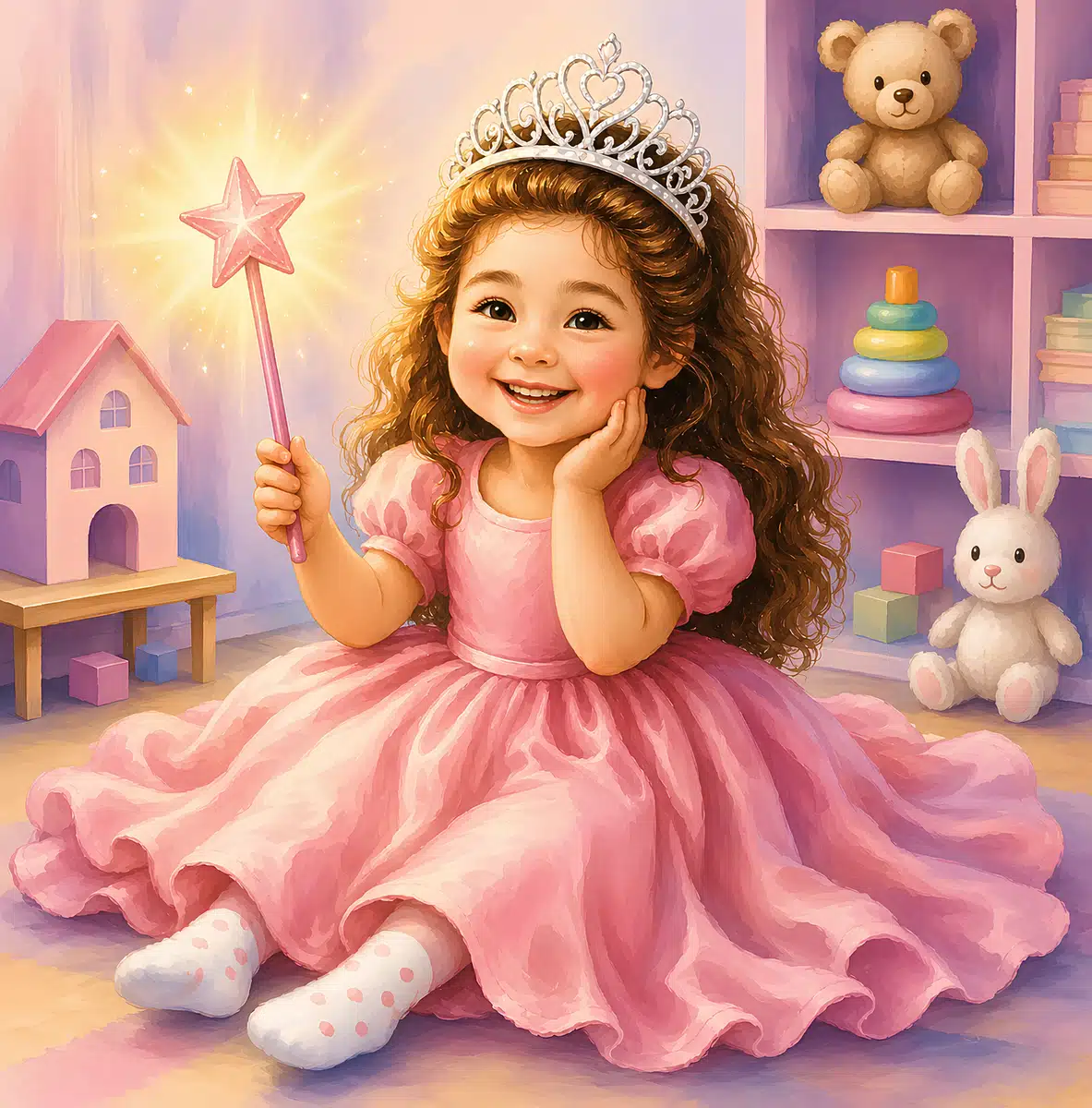 Look inside page: Sama dressed in pink with a wand and tiara