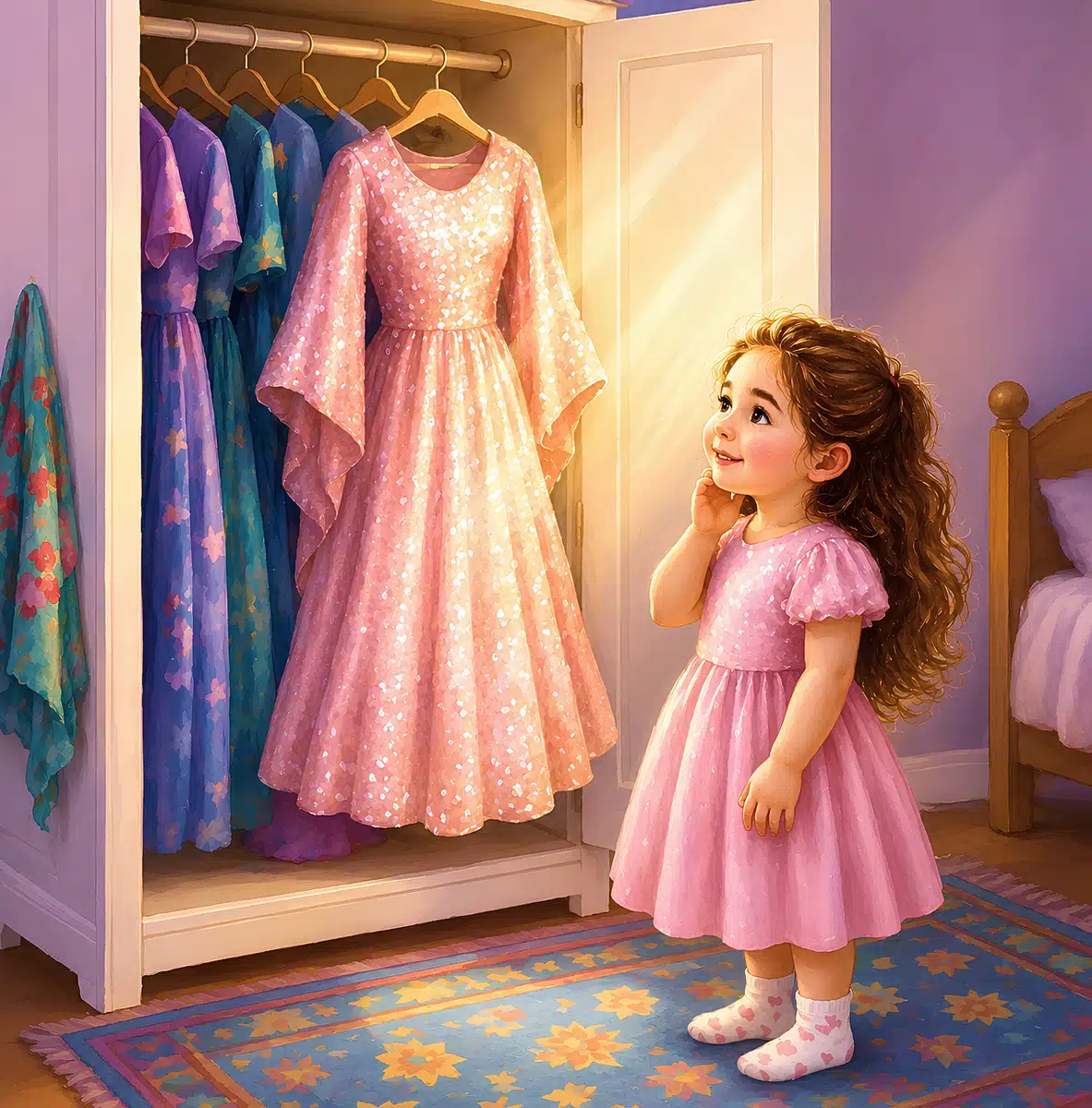 Look inside page: Sama looking at Mama's sparkling dress in the wardrobe