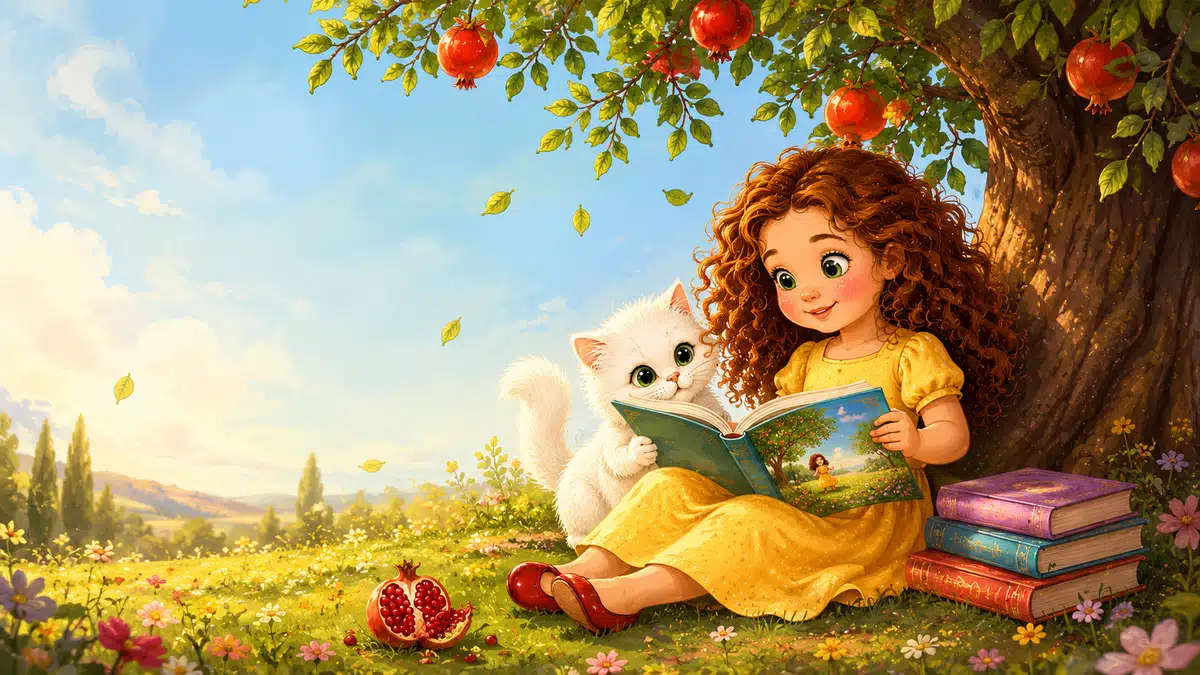 Pomegranate Tales hero banner with a curly-haired girl reading beneath a pomegranate tree with a white cat