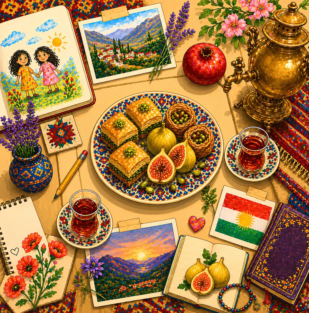 Look inside page: a warm Kurdistan-themed welcome spread with tea, baklava and travel treasures