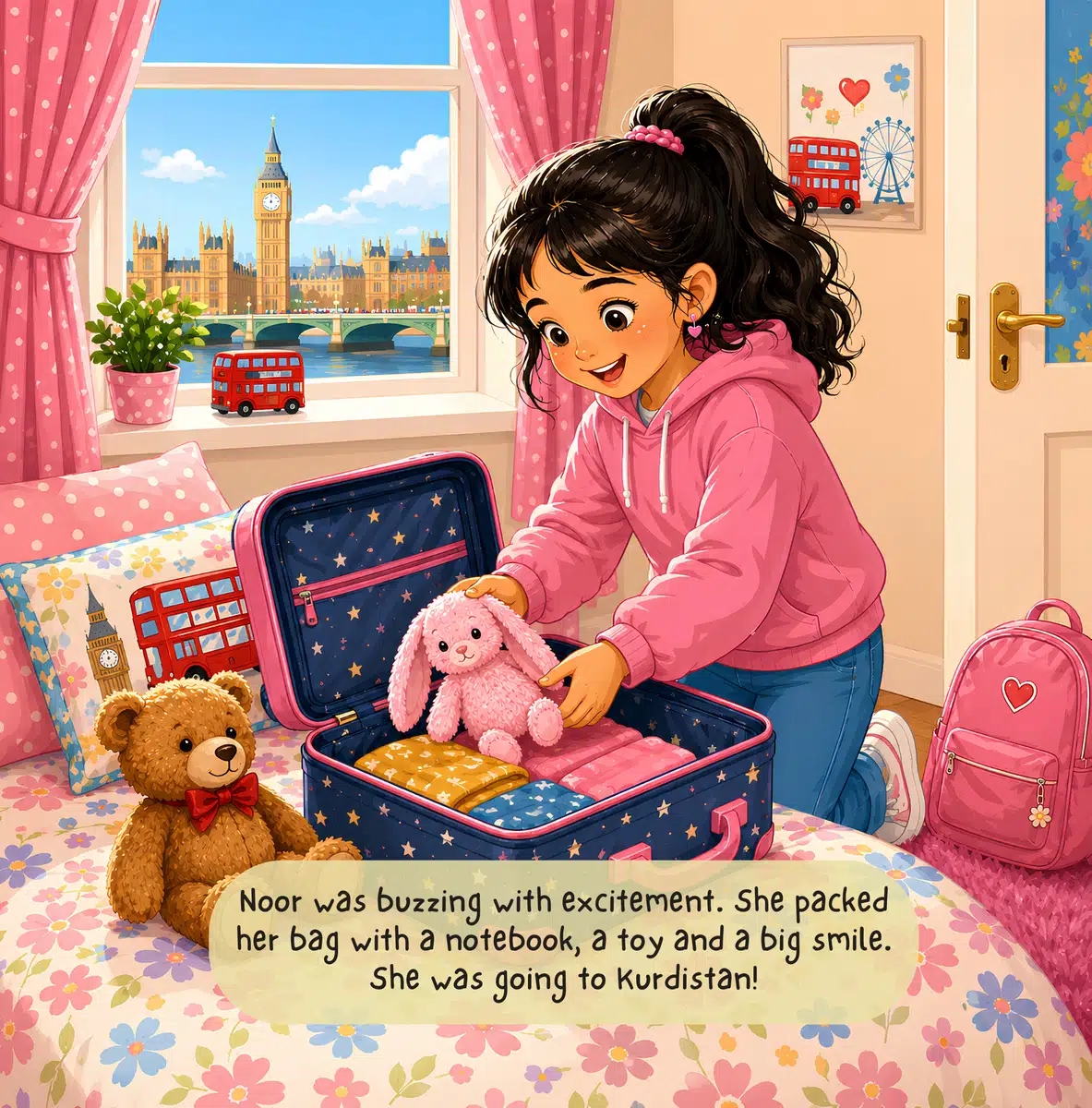 Look inside page: Noor packing her suitcase for Kurdistan