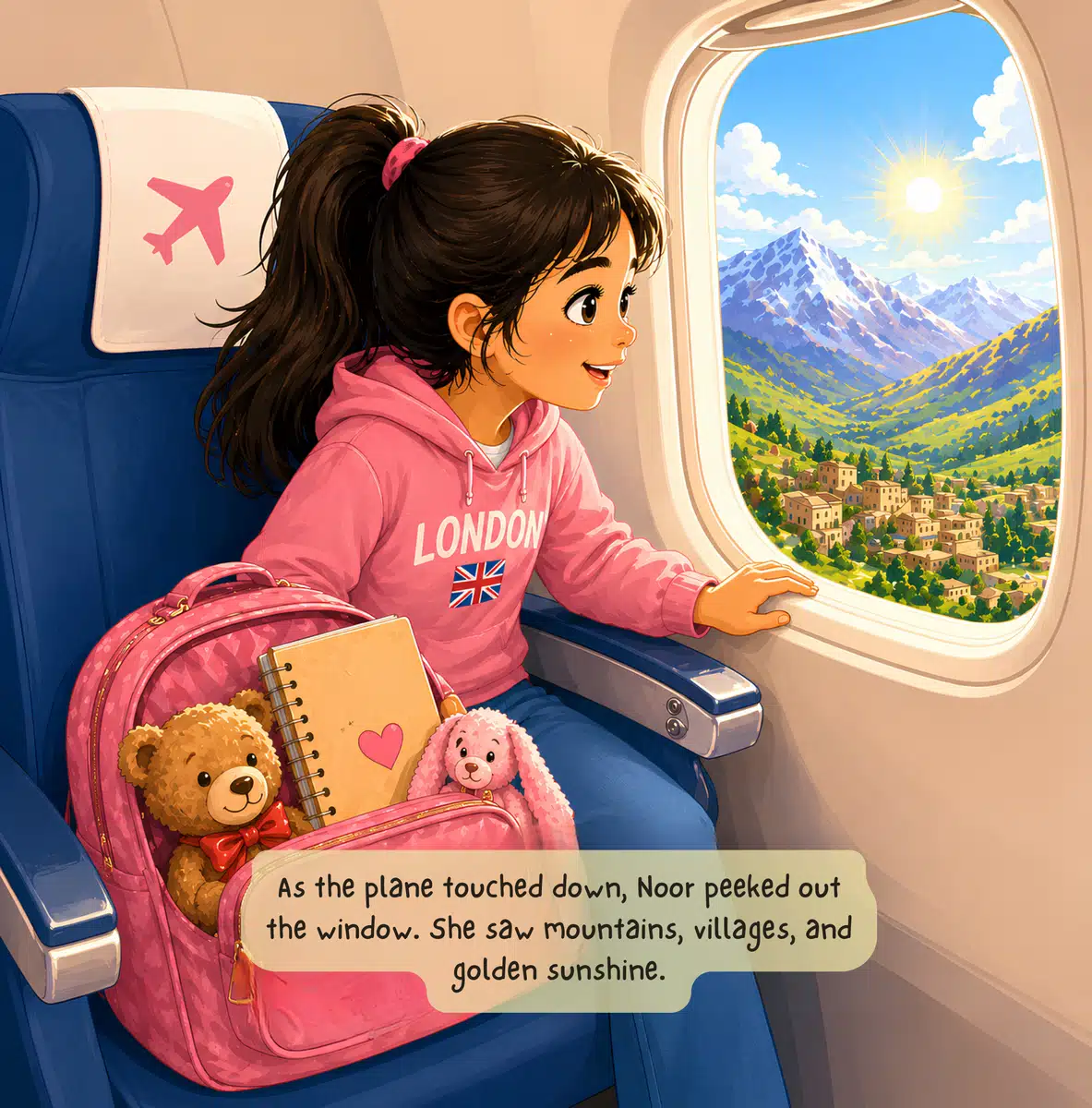 Look inside page: Noor on the plane looking out at Kurdistan