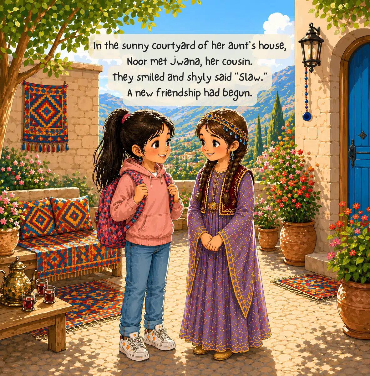 Look inside page: Noor meeting her cousin Jwana in the courtyard