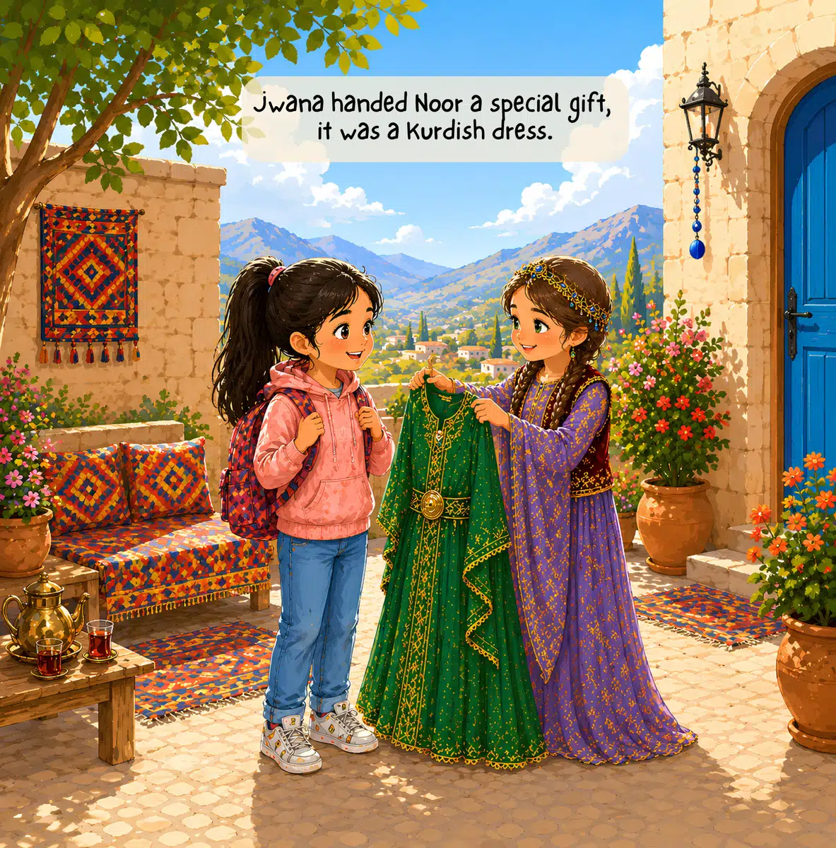 Look inside page: Jwana handing Noor a beautiful Kurdish dress