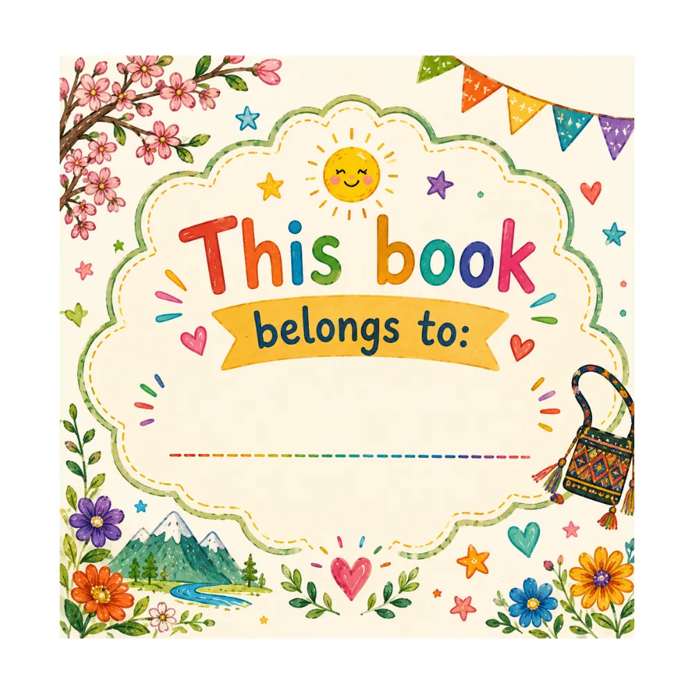 Look inside page: This Book Belongs To page with Kurdish decorative details