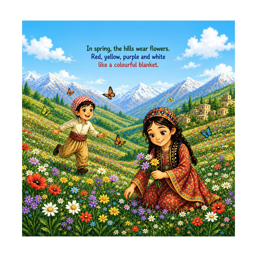 Look inside page: spring hills covered with flowers
