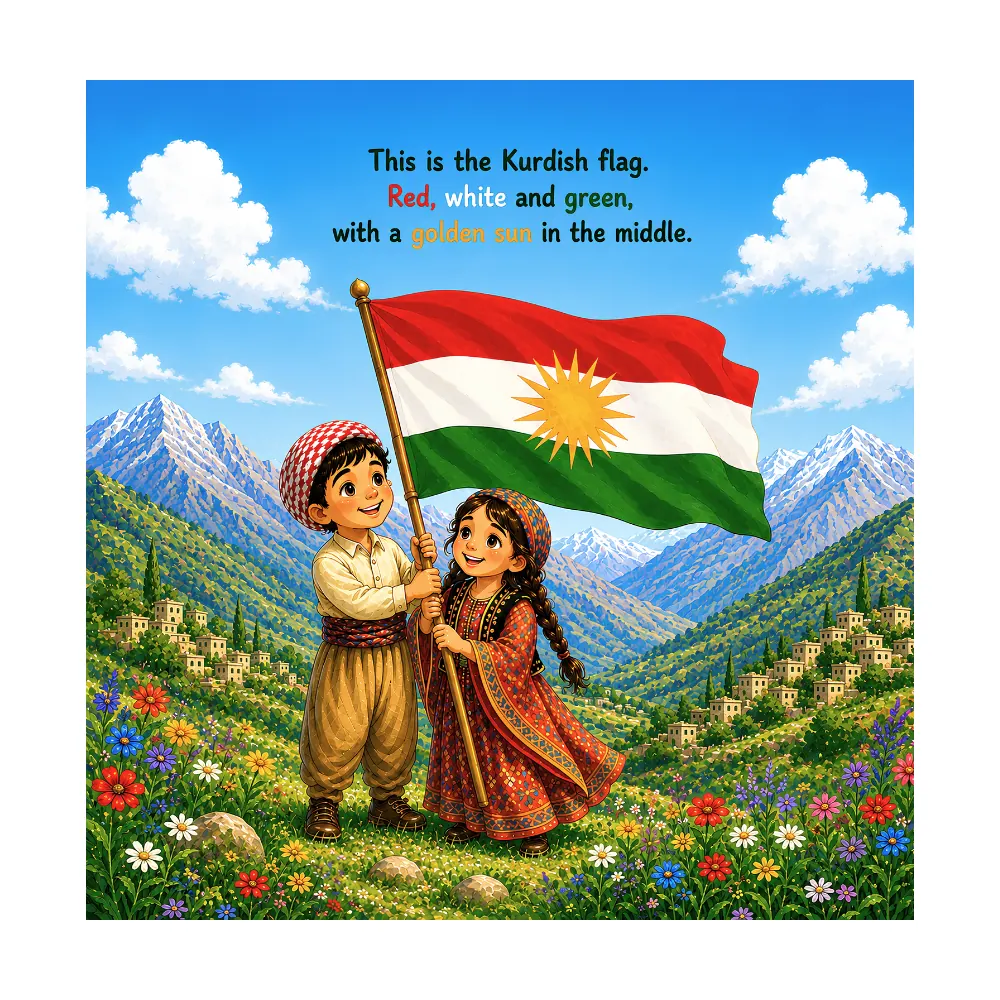 Look inside page: Kurdish flag with children in traditional clothes