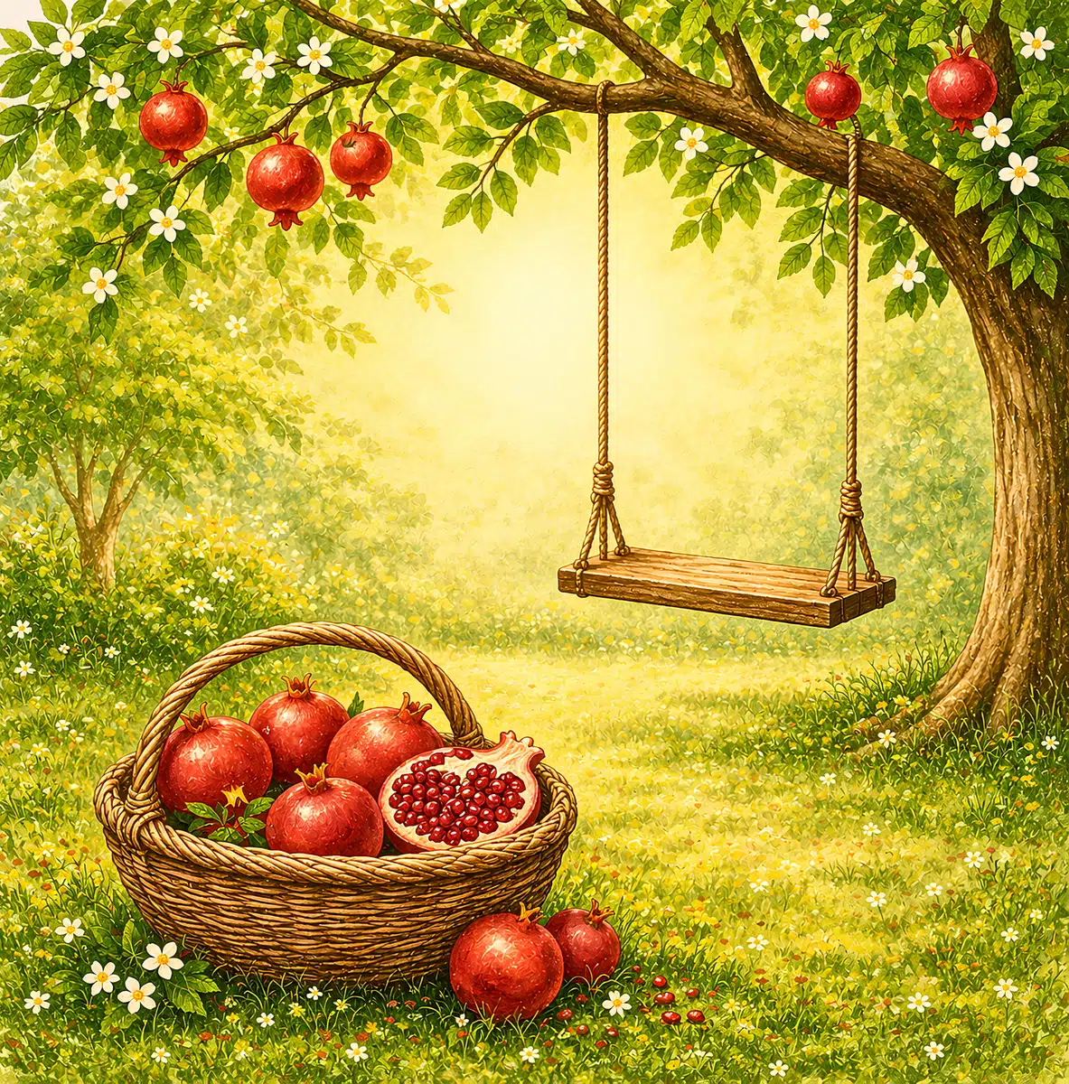 Look inside page: a pomegranate basket beneath a tree swing