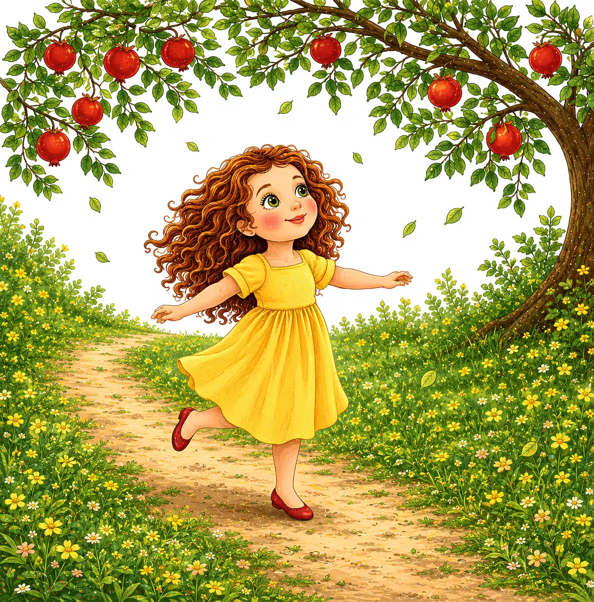 Look inside page: Rosie playing in her grandmother's garden under the pomegranate tree