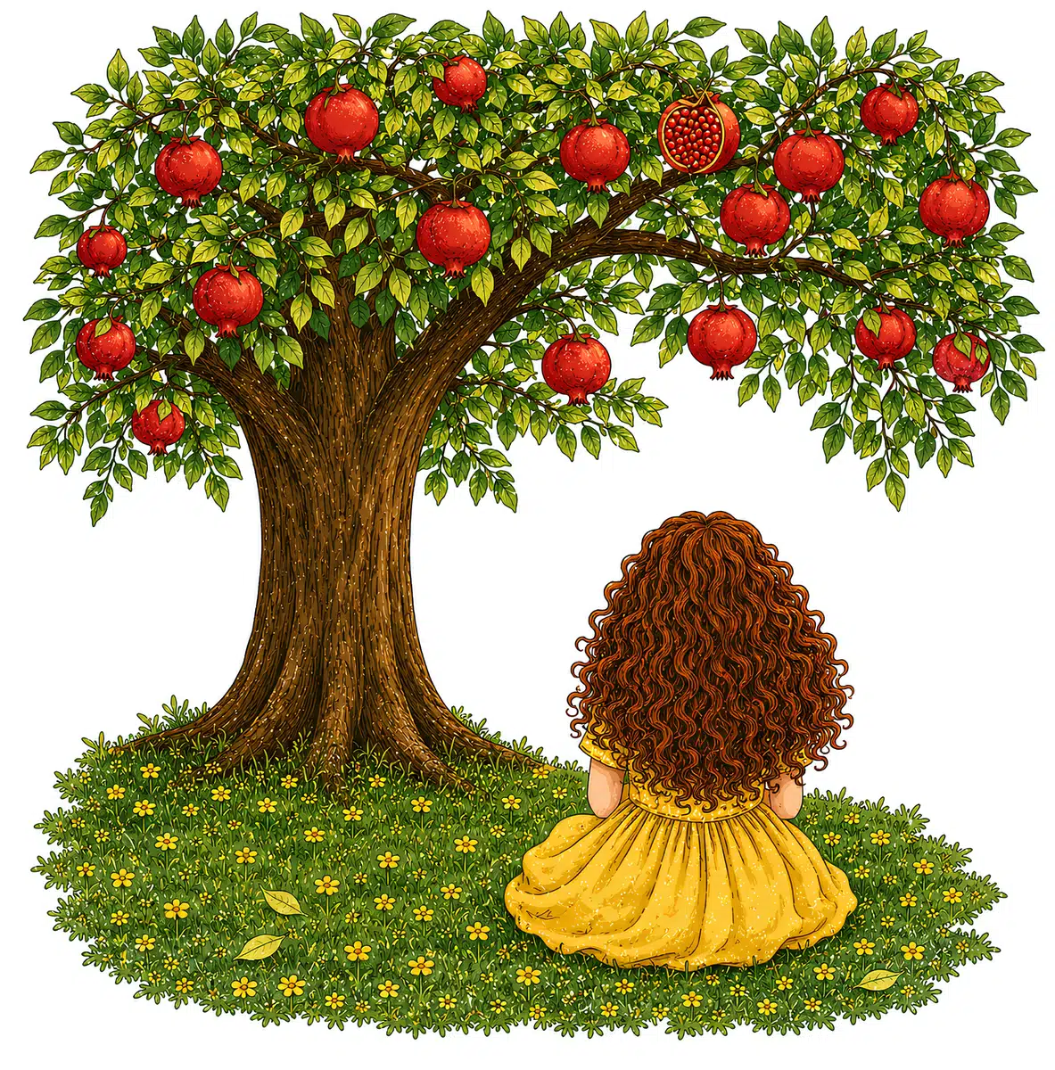 Look inside page: Rosie sitting beneath the big pomegranate tree