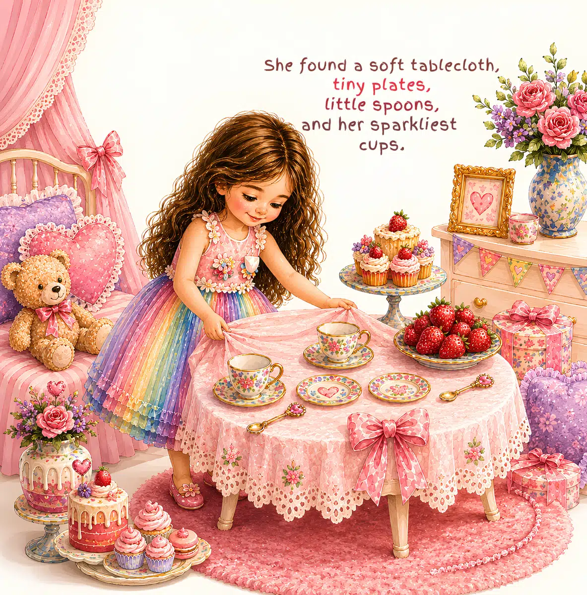 Look inside page: Sama sets the table with tiny plates and sparkly cups