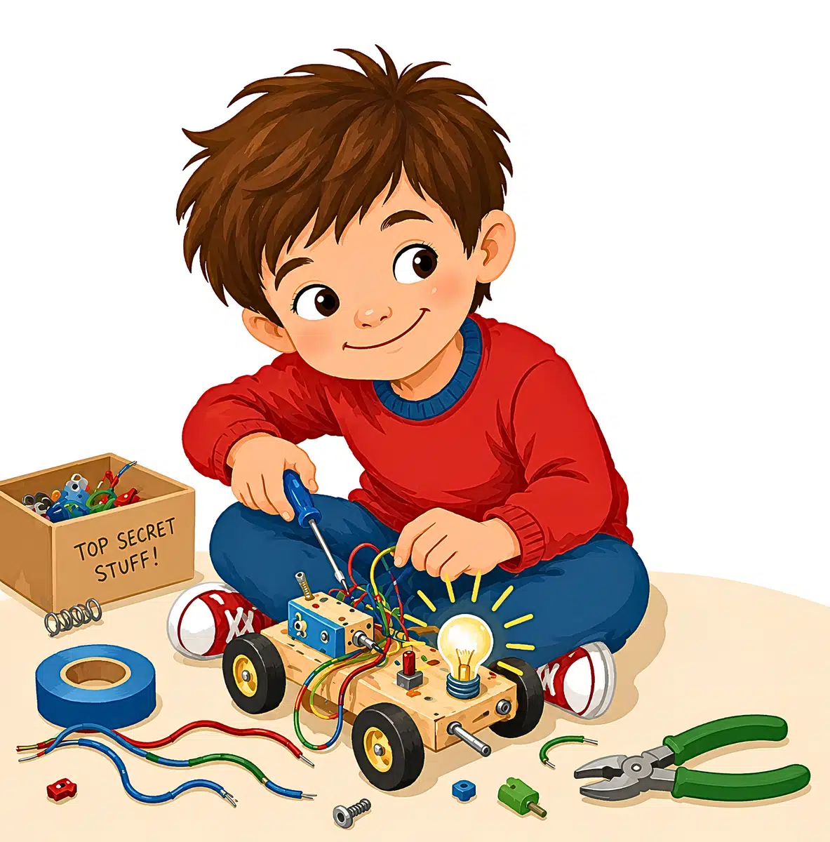 Look inside page: Yahya building a machine with wires and a light bulb