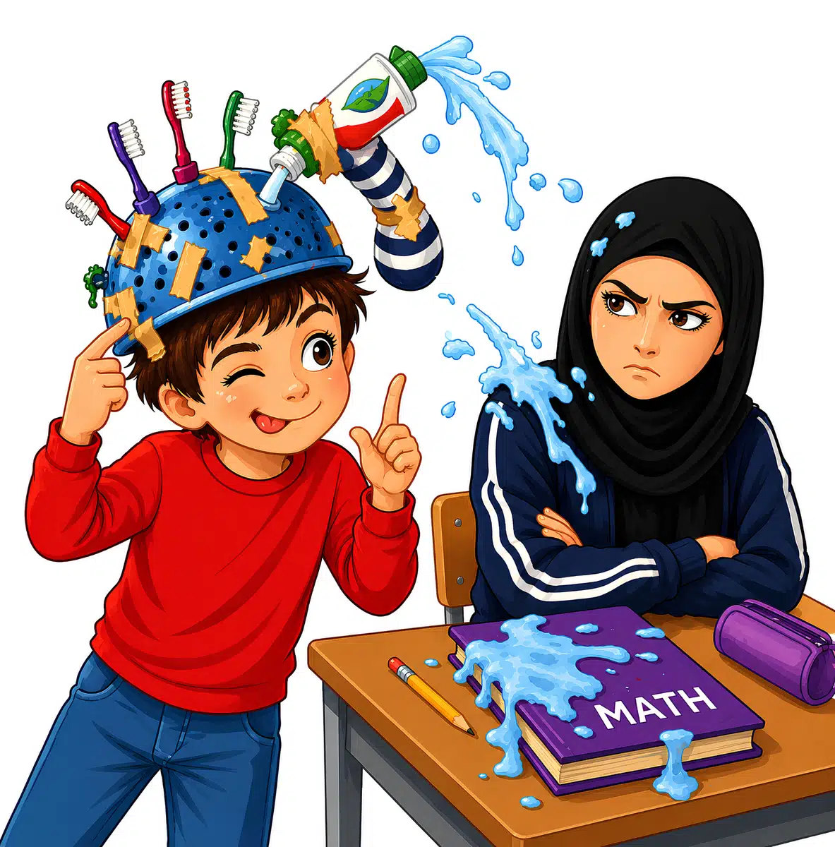 Look inside page: the toothbrush helmet spraying toothpaste onto Sonya's maths book